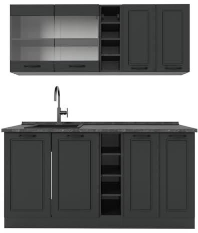 Vicco Singleküche R-Line, Anthrazit Landhaus/Anthrazit, 160 cm, AP Anthrazit, zur individuellen Erweiterung mit zusätzlichen Modulen geeignet