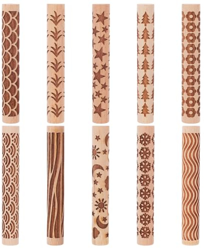 UNICRAFTALE 10Pcs 10 Styles Wooden Clay Texture Rollers Set for Pottery Ceramics Potters Stamp Roller Tools 102mm Textured Rolling Pins Modeling Pattern Rollers Kit for DIY Handmade Art Supplies