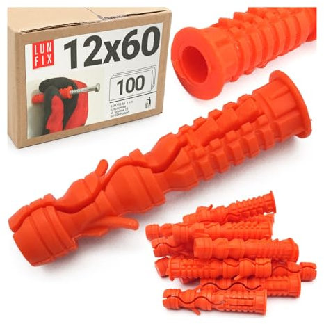 Lot de 100 chevilles universelles 12 x 60 mm - Chevilles à expansion en nylon pour béton, plaques de plâtre, murs creux et cloisons sèches - Chevilles à longue tige - Diamètre 12 mm Lun Fix