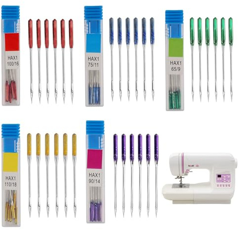 30 Pcs Sewing Machine Needles – Universal Regular Point, 5 Sizes Color-Coded (65/9–110/18), Compatible with Singer, Brother & Most Machines, Essential for All Fabrics & Home Sewing Projects