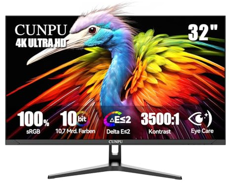 CUNPU Écran PC 32 4K UHD (3840x2160), Cadre Ultra Slim, FreeSync, 1,07 Milliard Couleurs, 60 Hz, Inclinaison Réglable, Couleurs Ultra Réalistes, 2×HDMI2.0 & 2×DP1.4, VESA 100 * 100mm
