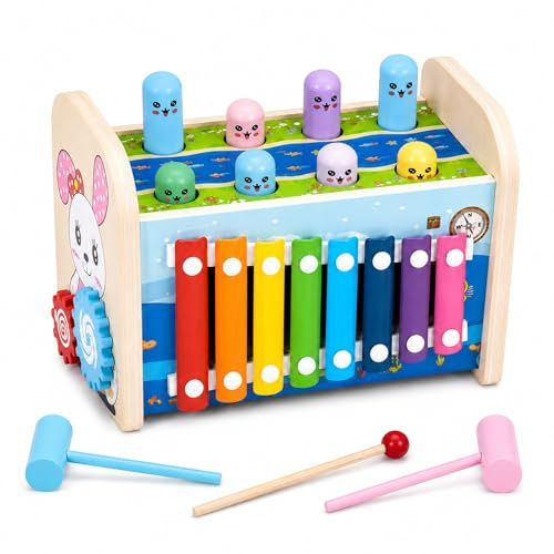 Liangding Juguete Montessori de Madera 4 en 1 con xilófono y Martillo – Juguete Educativo Musical para niños 3 4 5 años, desarrolla motricidad Fina y coordinación, Regalo Infantil Montessori
