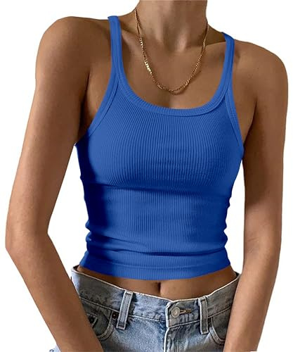 DUOEASE Camiseta Tirantes Mujer Cuello u Slim-fit Básica Top Mujer Verano Costilla Sexy Azul-S