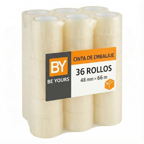 BY BE YOURS Pack 36 Rollos Precinto Embalar Transparente Silencioso 48mm x 66m | Cinta Adhesiva Embalaje Industrial y Profesional, Pestaña Easy Start, Para Cajas de Cartón y Envíos
