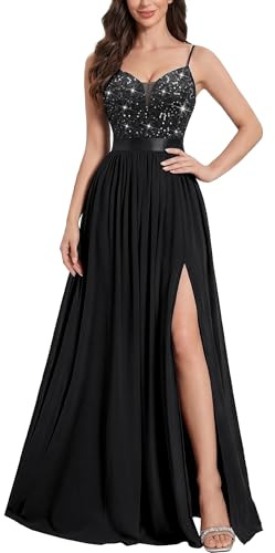 MIUSOL Women's Classy V-Neck Lace Sequin Floral Strap Slit Wedding Guest Banquet Maxi Dress