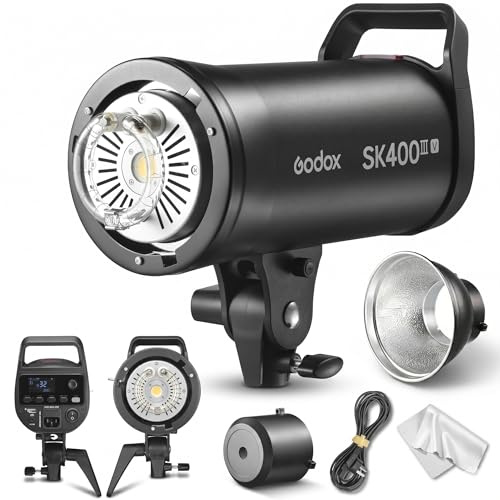 Godox SK400III-V Flash da Studio 400Ws con Riflettore Standard, GN65 5700K Strobo Professionale con Lampada Modellante LED 10W, Riciclo 0.1-1.5s, Sistema X Wireless 2.4G Integrato e Attacco Bowens