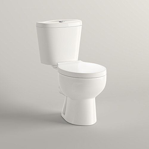 iBathUK Modern Bathroom Slimline Close Coupled D Shaped Pan Toilet with Cistern Short Seat WC Push Button Flush White - Basix