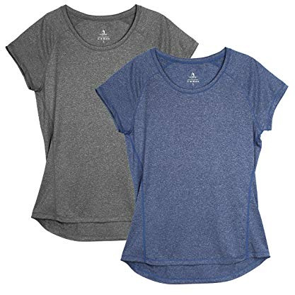 icyzone Dam fitness sport t-shirt kortärmad löpartröja gym träning funktion skjorta, 2-pack, Grå/blå, L