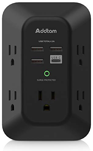 USB Wall Charger Surge Protector - Addtam 5 Outlet Extender with 4 USB Charging Ports (1 USB C), 3-Sided 1800J Power Strip Multi Plug Outlets Adapter Widely Spaced,Black