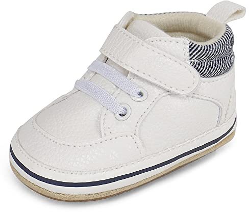 MK MATT KEELY Baby Boys Girls First Walking Shoes Toddler Infant Soft PU Leather Trainers with Anti-Slip Sole,White Style2,6-12 Months