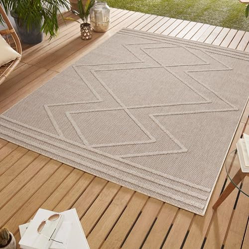 SIMPEX Outdoor Teppich, Boho Design, Beige, 160 x 230 cm, Skandinavischer Stil, für Küche, Balkon, Terrasse, Garten, Picknick