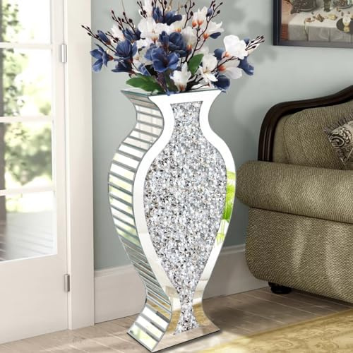 Allartonly Vaso alto da pavimento S Vaso a specchio con diamante schiacciato alto 68,6 cm, specchio decorativo in cristallo argento grande vaso di lusso per la decorazione della casa composizione