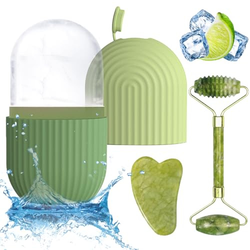 BDSHUNBF Rullo di Giada Gua Sha e Rullo di Ghiaccio Facciale Set, Massaggio per Occhi, Viso, Collo - Cura Della Pelle, Riduce il Gonfiore (Verde)