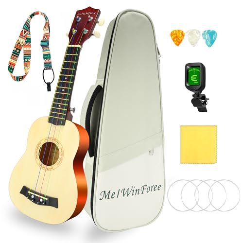 MelWinForee Soprano Ukulele 21 - Beginner Kit, Complete with Gig Bag, Strap, Tuner, Strings, Picks, Cloth - Ideal for Concerts, Left-Handed Friendly - Perfect Beginner Ukulele