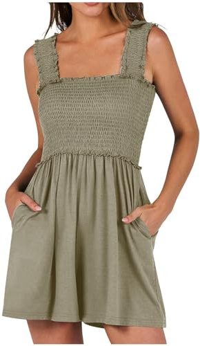 BUNSLOOM Damer sommar casual smocked sparkbyxor kvadratisk hals ärmlös lös kort jumpsuit flytande strand kläder med fickor