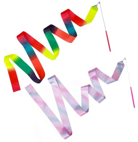 2 Stück Tanzband, Gymnastikband mit Stab, 2M Gymnastik Farbband Tanzbänder Kinder, Streamer Rhythmische Sportgymnastik Band Tanzbänder für Künstlerische Tanztraining Talentshow (Regenbogenfarben,Rosa)