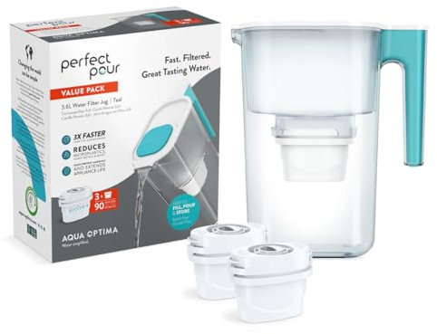 Aqua Optima Perfect Pour Wasserfilterkanne & 2 x 30 Tage Evolve+ Wasserfilterkartusche, 3,6 Liter Fassungsvermögen, zur Reduzierung von Mikroplastik, Chlor, Kalk und Verunreinigungen, Teal