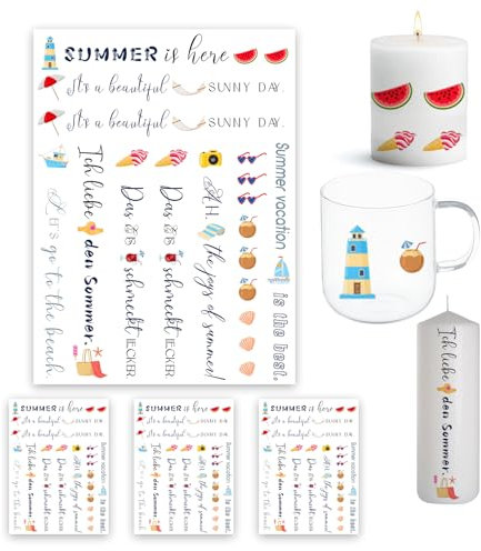 Bolosa 4 Stück Kerzen Tattoos Folie, Kerzentattoos, Sommer Kerzentattoos, Kerzentattoo Wassertransferdruck, Wasserschiebefolie Kerzen Dekorieren, Kerzen Tattoos, Rub on Sticker Sommer 1