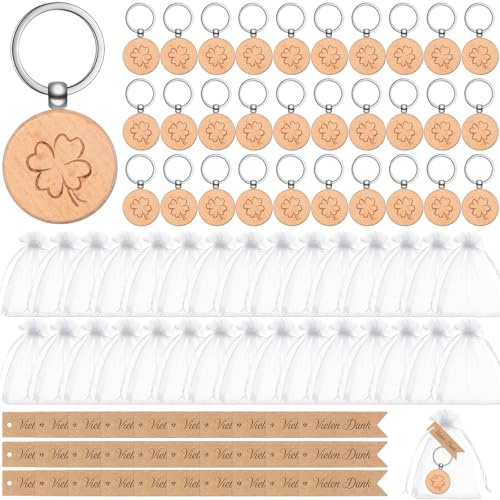 Otuuz 30 Sets Set Regalo di Ringraziamento per Colleghi Portachiavi in ​​legno Quadrifoglio con Etichetta Regalo Borsa in Organza Regalo di Buona Fortuna Grazie Regalo Fascino Fortunato per Natale