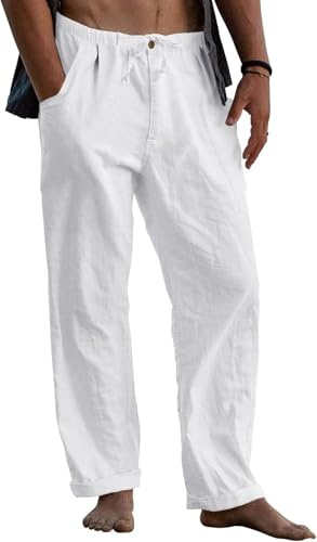 Runcati Pantalones de lino para hombre, holgados, ligeros, de verano, largos, monocolor, para el tiempo libre, playa, yoga, con cordón, Blanco, L