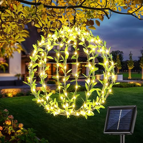 Joomer 120 LED Solar Kugel Außen 30cm Hängende Leuchtkugel Grünem Blatt Faltbar Metall Lichtkugel Solar Gartenleuchten Outdoor 8 Modi Baum Lichterkette Timer für Balkon Party Haus(1 Stück,Warmweiß)