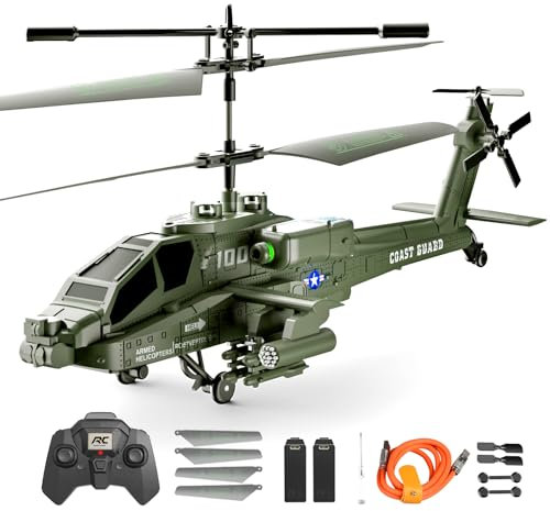 Apache RC Helicopter Toy for Adults, 2.4GHz Remote Control Helicopter Drone with 2 Batteries, LED Lights, One Key Take Off/Landing, Altitude Hold, Indoor Flying Toy Gifts for Kids Boys 8+ Green