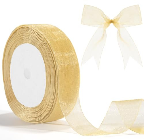 Cinta De Gasa De Oro Organza Transparente 25mm Cinta Organza Para Embalar Regalo 46m Cinta De Regalo Cumpleaños Cinta De Gasa Para Embalar Regalo Lazos Cinta De Navidad Invitaciones de Boda Bricolaje