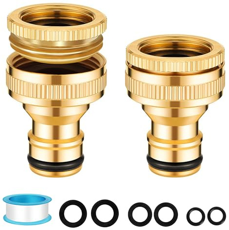 Garden Hose Tap Connector, 2 Pack 2 in 1 Duty Rust Resistant Brass Water Pipe Connect - 3/4 inch & 1/2 inch Female Threaded Tap Connector for Hosepipe, Threaded Faucet Adapter