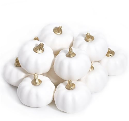 Hudiepan 12 Piezas Artificiales Calabaza Decoracion Otoño, Calabaza Decoraciones de Otoño, para Decoracion de Mesa de Hogar, Acción Gracias, Halloween y Navidad, Decorar Interior y Exterior, Blanca