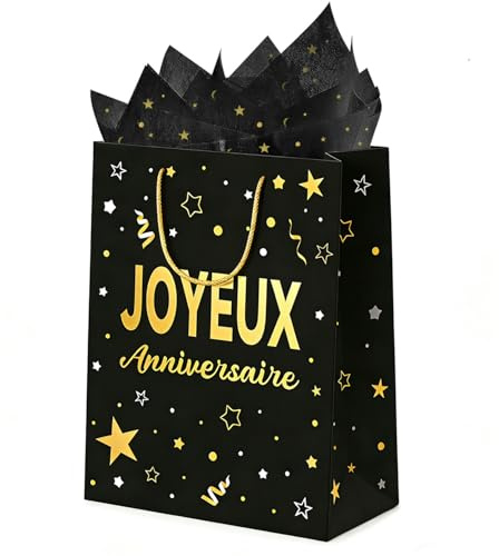 Sacs Cadeaux D'anniversaire, Sacs Cadeaux Noirs Et Dorés Avec Papier Soie
