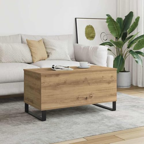 Teenpull Artisan Oak Coffee Table, 90x44.5x45 cm Engineered Wood Lift-Top Design with Hidden Storage, Stable Metal Feet, Living Room Center Table for Books, Magazines