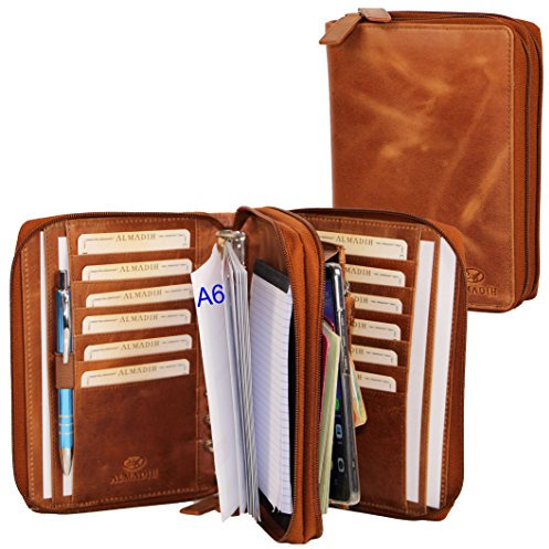 ALMADIH Leder A6 Kombimappe 2 Fächer mit Reißverschluss Kalender 2026 Premium Rindsleder Braun Deluxe in Geschenkbox Ledermappe MappeTerminplaner Terminkalender Ringbuchmappe Notizblock (A6-K-BD)