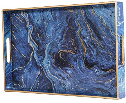 Simmer Stone Decorative Tray, Marbling Plastic With Handles, Rectangular Vanity And Serving For Bathroom, Kitchen, Ottoman And Coffee Table, 15.6” x 10.2” (Marbling Blue)