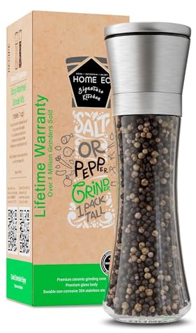 HOME EC Original Stainless Steel Salt or Pepper Grinder 1pk - Adjustable Ceramic Sea Salt Grinder or Pepper Mill - Tall Glass Spice Shaker - Spice Mill w/EBook
