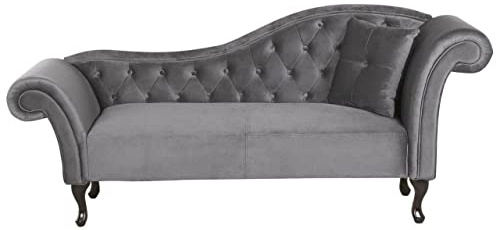 Chaiselongue Samt grau rechts gesteppt mit Kissen Chesterfield-Stil Lattes