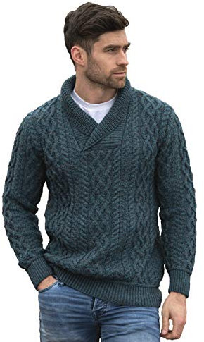 Aran Crafts Men's Soft Cable Knit Shawl Collar Sweater, 100% Merino Wool, Authentic & Traditional, Fisherman Sweater-Style Knit, Made in Ireland, SH5065-XL-PCOK