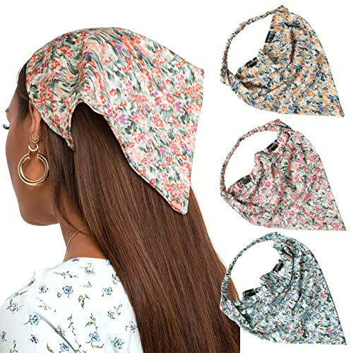 AWAYTR Hairband, 3 PCS Floral Elastic Head Scarf - Chiffon Head Kerchief Headband Print Floral Hair Scarves with Hair Clips for Women (Yellow/Blue/Pink)