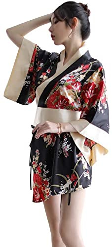 HNYBD Kimono japonais pour femmes Robe traditionnelle sexy Lingerie Yukata Costumes pour dames Pyjamas, Noir , Taille unique