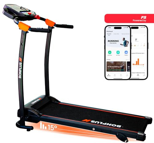 Bonplus BP | Tapis de Course Electrique | Entièrement Pliable | Vitesse 12 Km/h | 3 Niveaux d'Inclinaison | écran LCD | Assistance Mobile | USB | Port MP3 | 2 Porte-Bouteilles Noir et Orange