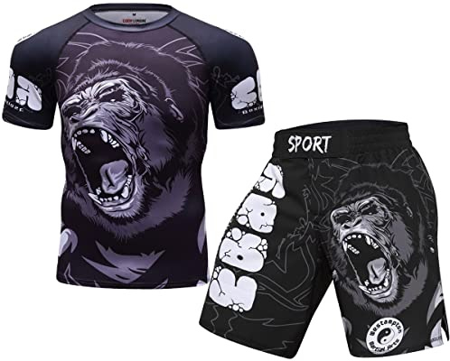 Cody Lundin Men's Compression Short Sleeve and Thai Shorts Fight MMA Kick Boxing Shorts Training Sport Suit for Men Black