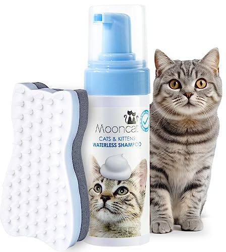 Mooncat Waterless Cat Shampoo + 2-in-1 Cat Bath Brush Set, No Rinse Dry Foam Bath for Short Hair Cats & Kittens, SGS-Tested Lick-Safe & pH-Balanced, ECOCERT-Certified Ingredient, Brush, 5 oz