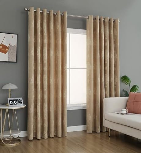 PRIME LINENS Curtain for Living Room Ring Top Jacquard Fully Lined Modern Panels Eyelet Curtain for Bedroom Window with 2 Free Tie Backs (Gold, W 66 x L 54)