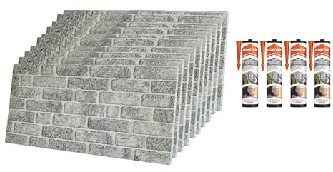 IZODEKOR Styropor 3D Wandpaneele Bausatz - Wandverkleidung mit Klebstoff Abdichten | Weiss Grau (10 x Stück Paneele & 4 x Klebstoff Abdichten enthalten)