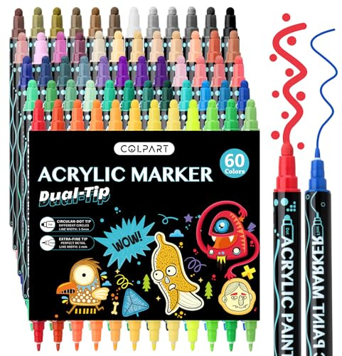 colpart 60 Colors Dual Tip Acrylic Paint Pens, Extra Fine & Circular Dot Tip Paint Markers for Rock Painting, Wood, Canvas, DIY Crafts Art Supplies for Adults