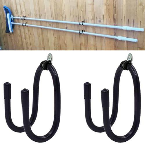 2 Pack Pool Pole Hanger/Hook, Pool Cleaning Tool Holder and Organizer for Pool Poles, Skimmers, Leaf Rakes, Nets, Brushes, Hose, use to Hang Pool Accessories on Pool Fence/Wall, is Rust Resistant