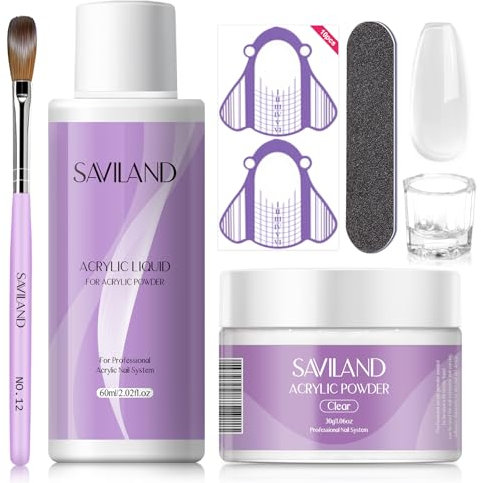 Saviland Acryl Nagelset: 30 g klares Acryl Pulver und 60 ml Acryl Liquid mit Acryl Pinsel, Nagel Schablone, Nagelfeilen, Dappen Dish für Acryl Nagelverlängerung, Nagel DIY Starter Set für Anfänger