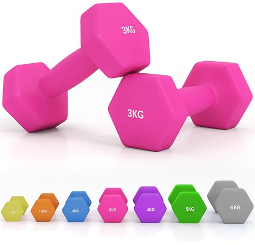 SPORTNOW Set of 2 Hex Dumbbells, Neoprene Weights Pair with Non-Slip Grip, Home Gym Fitness Training Equipment, 2 x 3kg, Pink