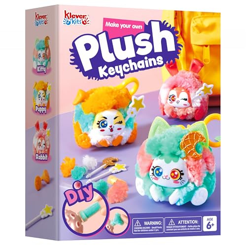 Klever Kits DIY Plush Keychain Making Craft, DIY Arts & Craft Set with 3 Models, Create Your Own Stuffed Keychain for Boys and Girls Ages 6 7 8 9