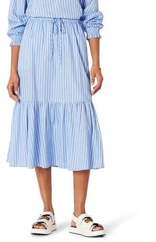 Amazon Essentials Women's Relaxed-Fit Midi-Length Tiered Cotton Sateen Skirt, Blue White Stripe, Medium