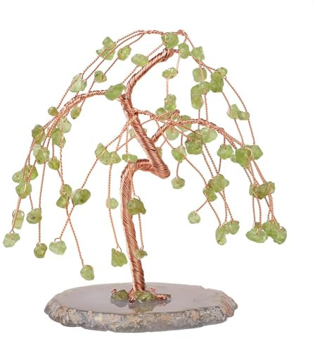 dssmboom Heilstein Lebensbaum auf Achat-Scheibensockel, Dekorativer Kristall-Geldbaum Bonsai-Heimdekor für Wohlstand und Glück, Peridot